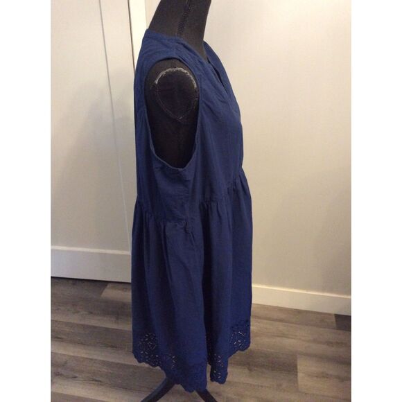 Navy Blue Shift Sleeveless Plus size XXL Dress Cotton V Neck Lace Edging - Picture 2 of 6